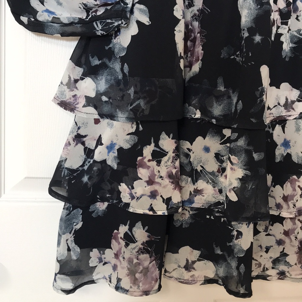 AKA Floral Mini Dress, Sapphire Blue Dress with Tiered Ruffles; Long Sleeve; XS - Picture 5 of 16